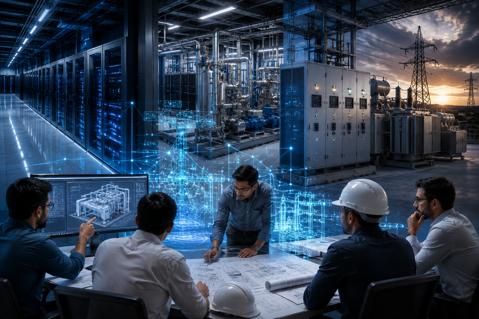 Engineers commissioning integrated power and cooling systems in a modern data center